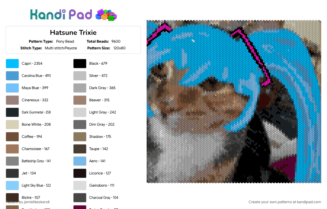 Hatsune Trixie - Pony Bead Pattern by jamielikeskandi on Kandi Pad - bag, banner, beige, brown, cat, colorful, funny, hatsune miku, music, trixie, vocaloid
