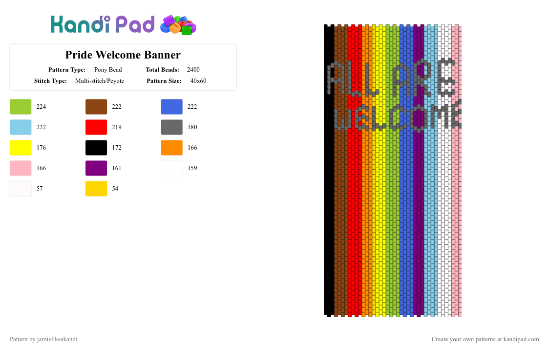 Pride Welcome Banner - Pony Bead Pattern by jamielikeskandi on Kandi Pad - red,green,pink,colorful,pride,straight ally,pride banner,straight ally banner,pride kandi,straight ally kandi