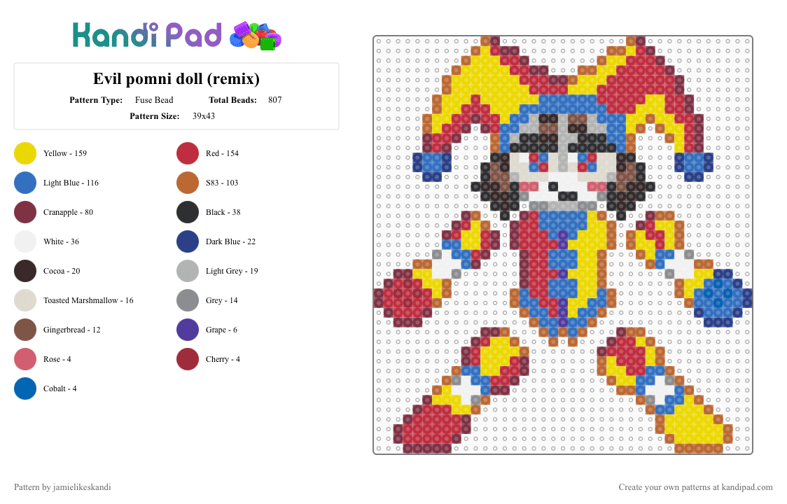 Evil pomni doll (remix) - Fuse Bead Pattern by jamielikeskandi on Kandi Pad - brown,red,blue,colorful,evil pomni,doll,evil pomni doll,tadc,evil pomni tadc,tadc doll,evil pomni tadc doll