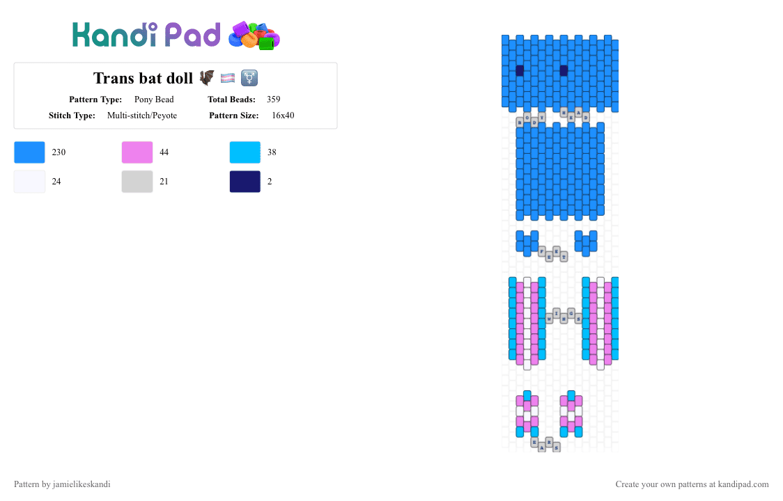 Trans bat doll 🦇 🏳️‍⚧️ ⚧️ - Pony Bead Pattern by jamielikeskandi on Kandi Pad - light blue,trans,bat,trans bat,doll,trans bal doll,bat doll,trans doll,pride month