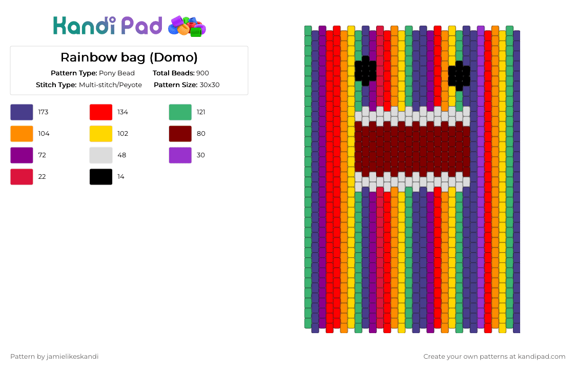 Rainbow bag (Domo) - Pony Bead Pattern by jamielikeskandi on Kandi Pad - green,purple,red,domo,rainbow,domo kandi,rainbow kandi,pride,pride domo,pride kandi