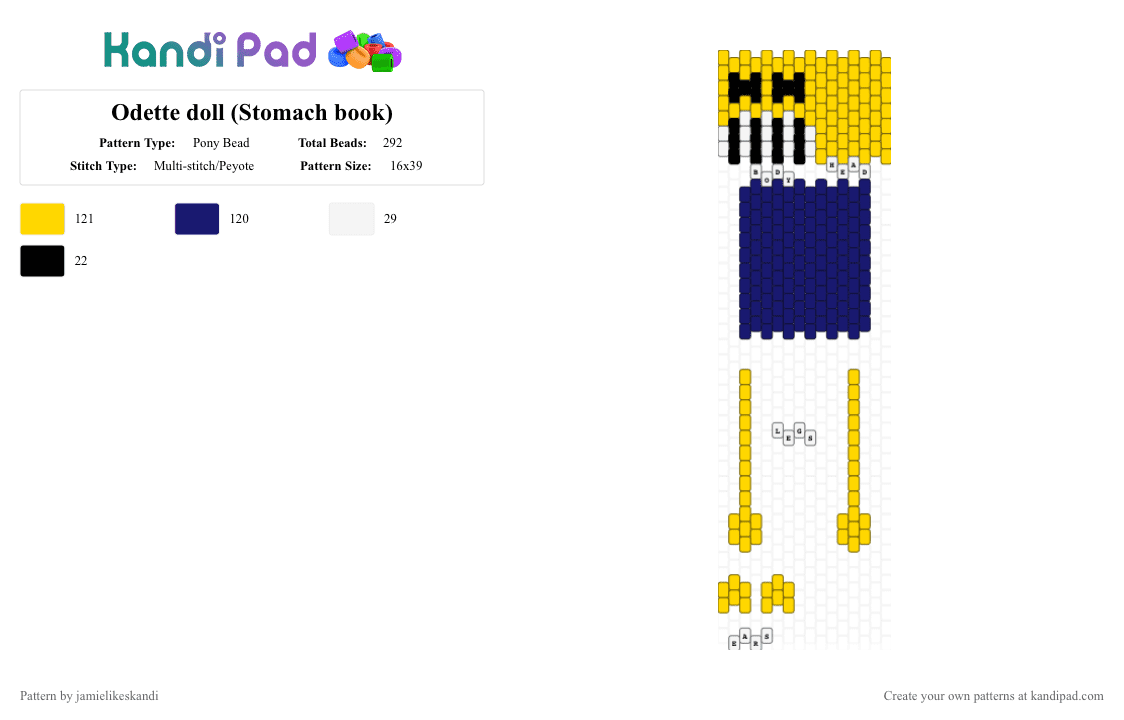 Odette doll (Stomach book) - Pony Bead Pattern by jamielikeskandi on Kandi Pad - yellow,purple,odette,stomach book,odette stomach book,odette stomach book doll,odette doll,stomach book doll,kandi,doll