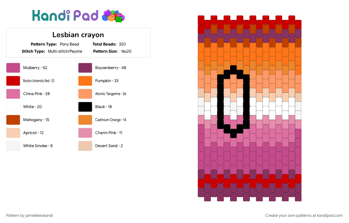 Lesbian crayon - Pony Bead Pattern by jamielikeskandi on Kandi Pad - crayon, kandi crayon, lesbian, lesbian crayon, lesbian kandi, lesbian kandi crayon, orange, pink