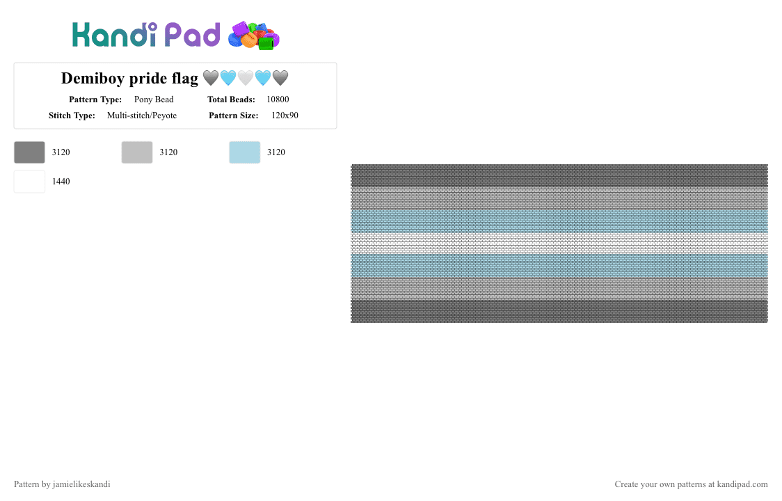 Demiboy pride flag 🩶🩵🤍🩵🩶 - Pony Bead Pattern by jamielikeskandi on Kandi Pad - gray,beige,light blue,demiboy,flag,pride,demiboy flag,demiboy pride,demiboy pride flag