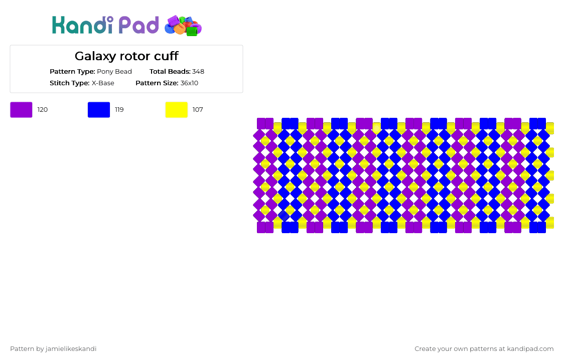 Galaxy rotor cuff - Pony Bead Pattern by jamielikeskandi on Kandi Pad - purple,yellow,galaxy,rotator cuff,x base,galaxy x base,galaxy rotator cuff