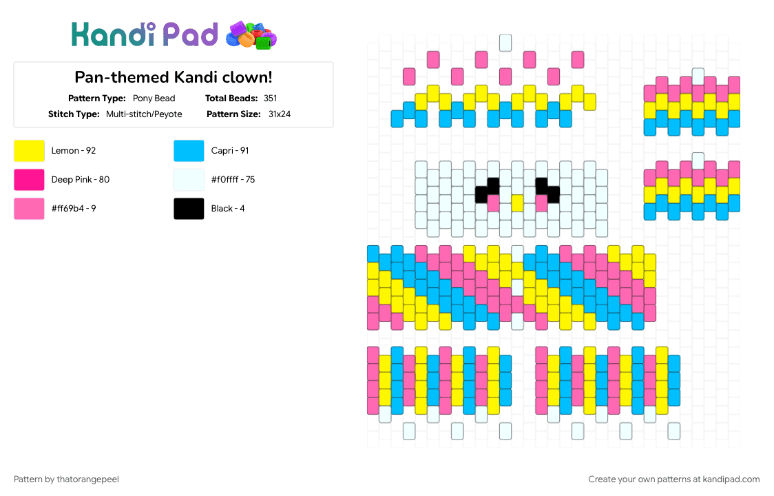 Pan-themed Kandi clown! - Pony Bead Pattern by thatorangepeel on Kandi Pad - light blue, pink, yellow