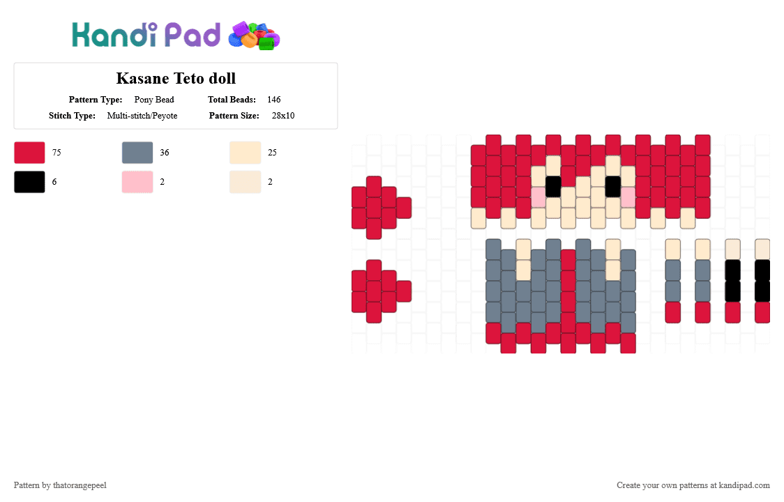 Kasane Teto doll - Pony Bead Pattern by thatorangepeel on Kandi Pad - gray, red