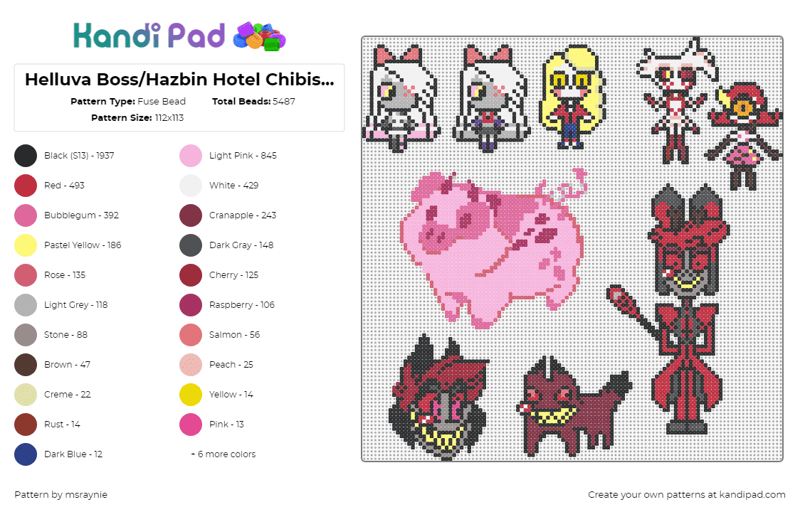 Helluva Boss/Hazbin Hotel Chibis (pt 2) - Fuse Bead Pattern by msraynie on Kandi Pad - hazbin hotel,helluva boss,chibi,pig,vaggie,charlie morningstar,characters,tv show,cartoon,red,pink,white