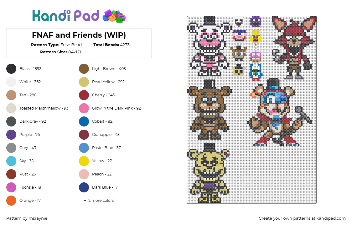 FNAF and Friends (WIP) - Fuse Bead Pattern by msraynie on Kandi Pad - fnaf,five nights at freddys,characters,horror,spooky,scary,video game,brown,whit