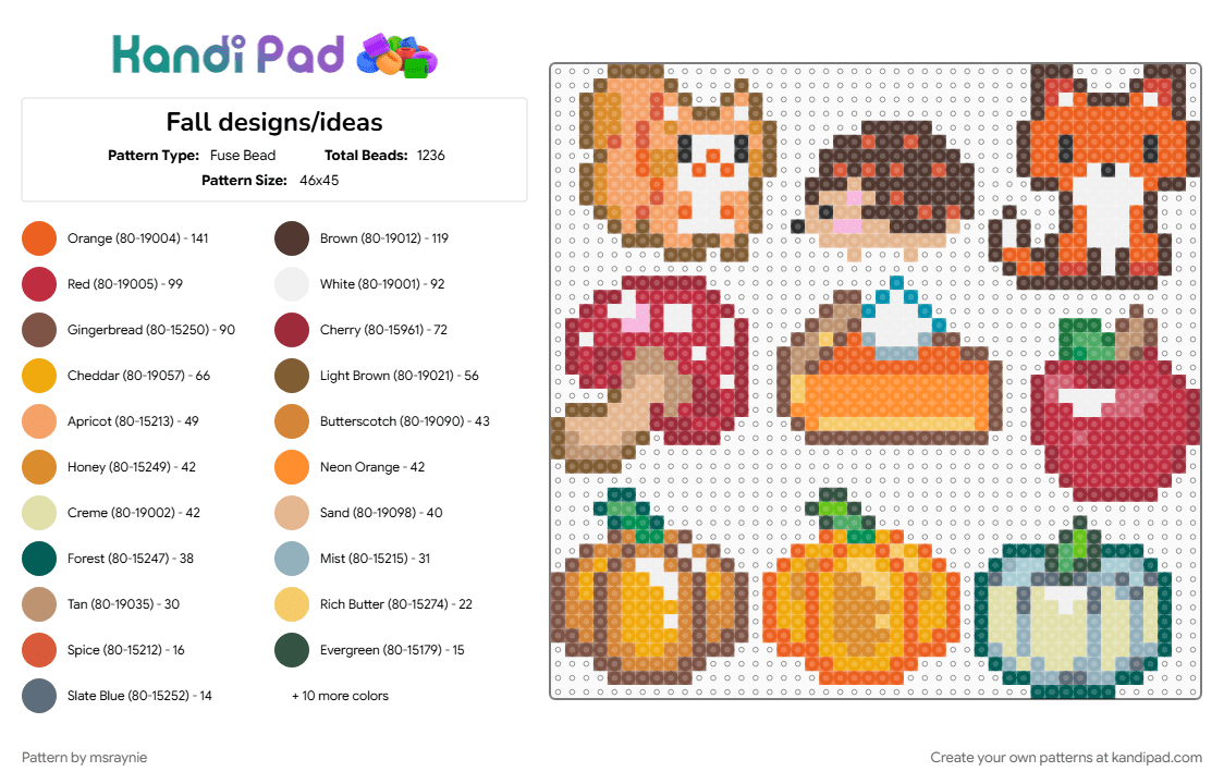 Fall designs/ideas - Fuse Bead Pattern by msraynie on Kandi Pad - animal, autumn, brown, cute, fall, orange, pumpkin, red, tan