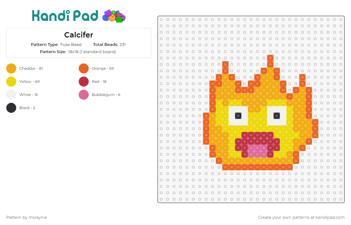 Calcifer - Fuse Bead Pattern by msraynie on Kandi Pad - calcifer,howls moving castle,ghibli,character,movie,anime,flame,fire,face,orange,yellow
