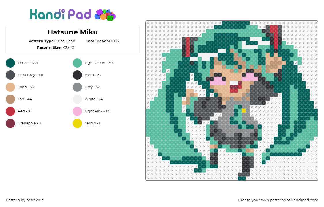 Hatsune Miku - Fuse Bead Pattern by msraynie on Kandi Pad - hatsune miku,vocaloid,chibi,music,happy,digital,anime,teal,green