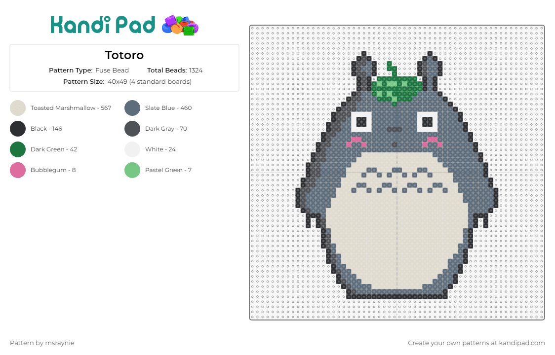 Totoro - Fuse Bead Pattern by msraynie on Kandi Pad - my neighbor totoro,ghibli,anime,movie,character,leaf,gray