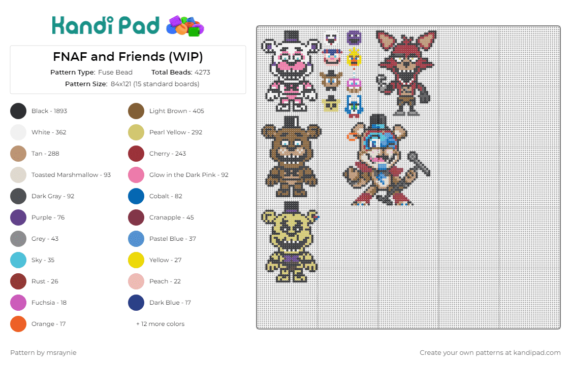 FNAF and Friends (WIP) - Fuse Bead Pattern by msraynie on Kandi Pad - fnaf,five nights at freddys,characters,horror,spooky,scary,video game,brown,white