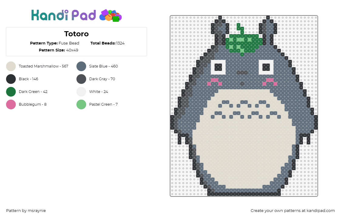 Totoro - Fuse Bead Pattern by msraynie on Kandi Pad - my neighbor totoro,ghibli,anime,movie,character,leaf,gray