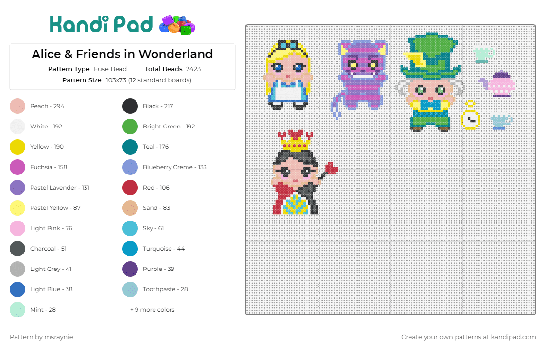 Alice & Friends in Wonderland - Fuse Bead Pattern by msraynie on Kandi Pad - alice in wonderland,cheshire cat,mad hatter,queen of hearts,tea,story,movie,characters,colorful,purple,green