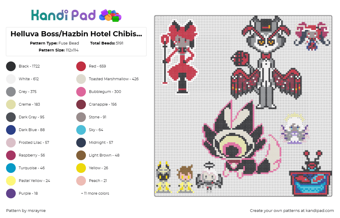 Helluva Boss/Hazbin Hotel Chibis (pt 3) - Fuse Bead Pattern by msraynie on Kandi Pad - helluva boss,hazbin hotel,keekee,characters,chibi,demons,tv show,animation,black