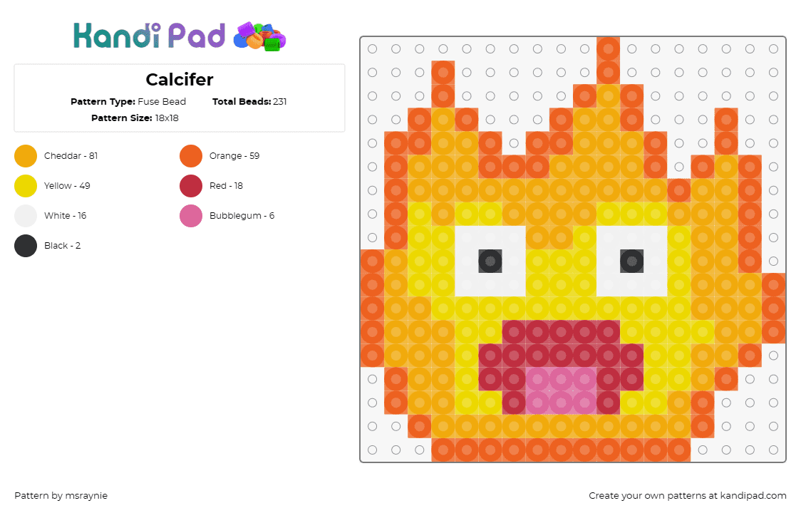 Calcifer - Fuse Bead Pattern by msraynie on Kandi Pad - calcifer,howls moving castle,ghibli,character,movie,anime,flame,fire,face,orange