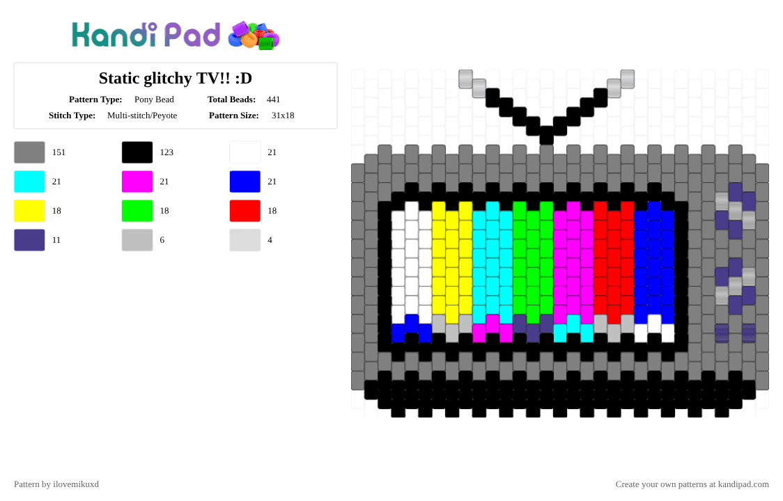 Static glitchy TV!! :D - Pony Bead Pattern by ilovemikuxd on Kandi Pad - gray,purple,tv,static,rainbow,glitch,spooky,retro