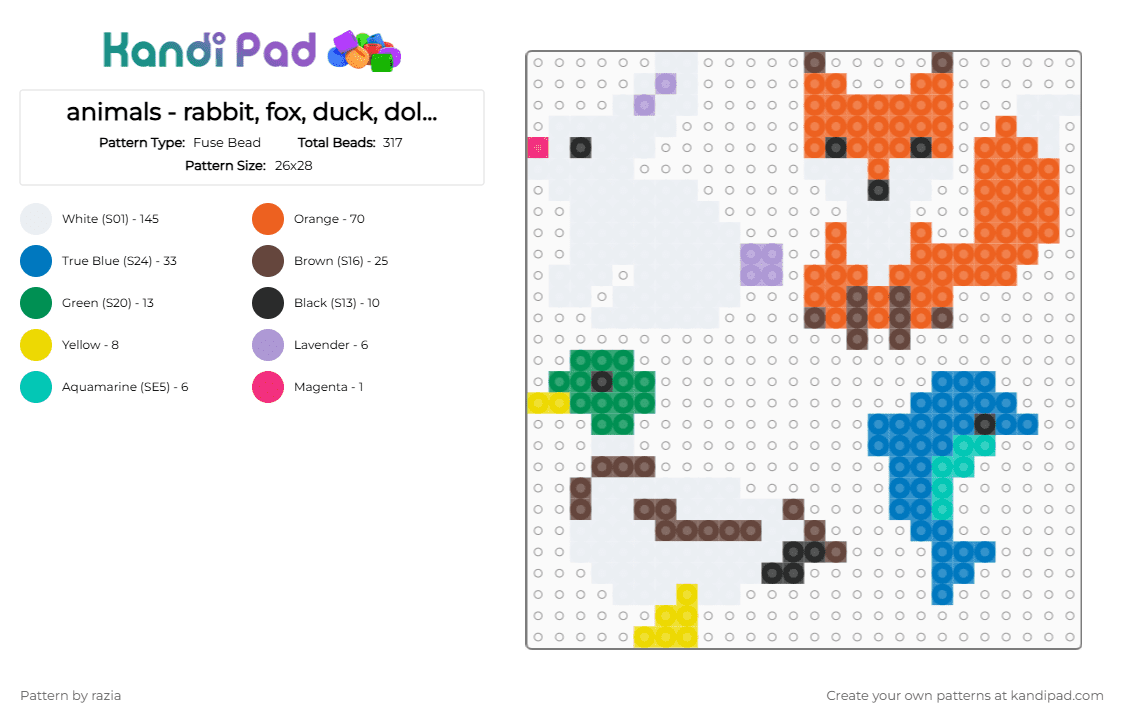 animals - rabbit, fox, duck, dolphine - Fuse Bead Pattern by razia on Kandi Pad - white,orange,brown,blue