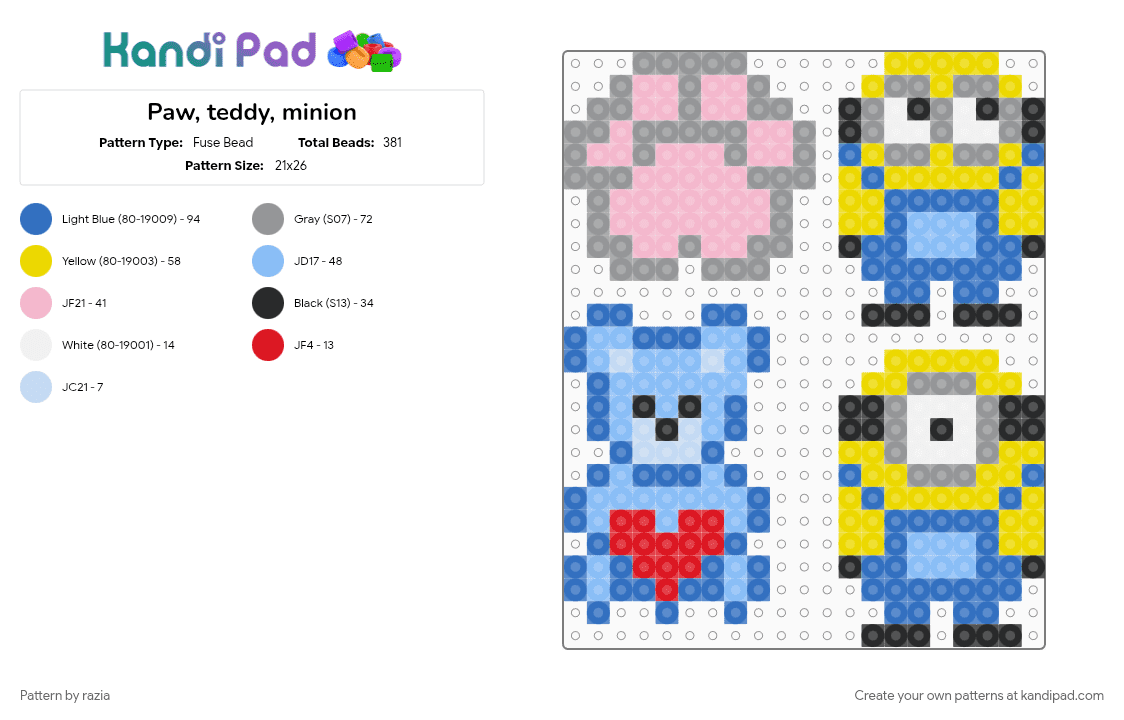 Paw, teddy, minion - Fuse Bead Pattern by razia on Kandi Pad - blue, gray, yellow