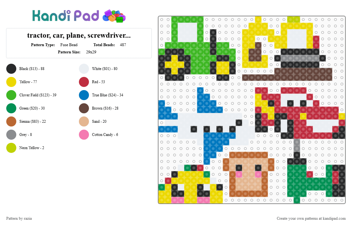 tractor, car, plane, screwdriver, taco, bread - Fuse Bead Pattern by razia on Kandi Pad - green,yellow,red,blue