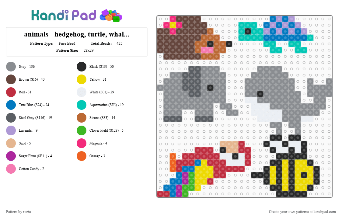 animals - hedgehog, turtle, whale, bee, parrot, elephant - Fuse Bead Pattern by razia on Kandi Pad - brown,yellow,gray,red