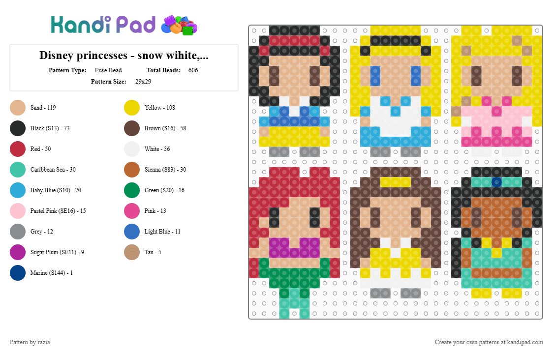 Disney princesses - snow wihite, alice, rapunzel, ariel, belle, jasmine - Fuse Bead Pattern by razia on Kandi Pad - red,brown,beige,yellow
