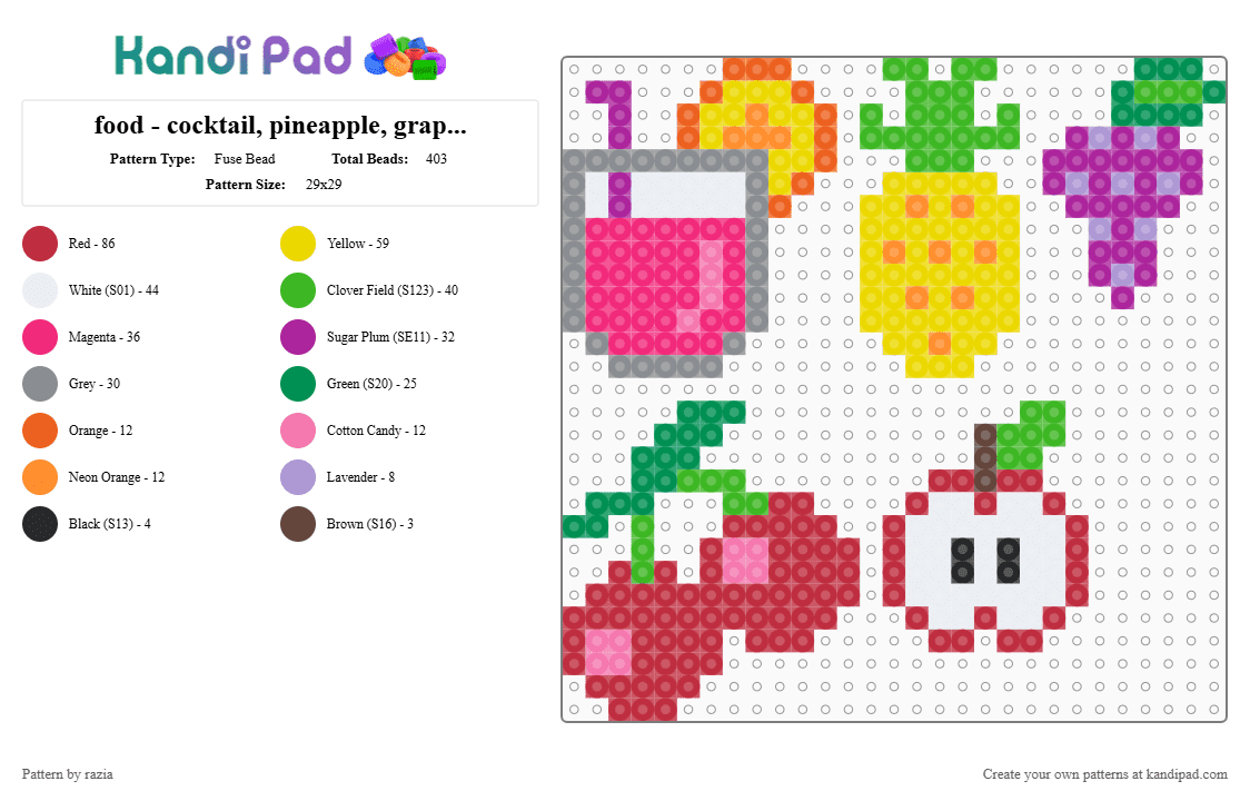 food - cocktail, pineapple, grapes, cherries, apple - Fuse Bead Pattern by razia on Kandi Pad - yellow,pink,green,red