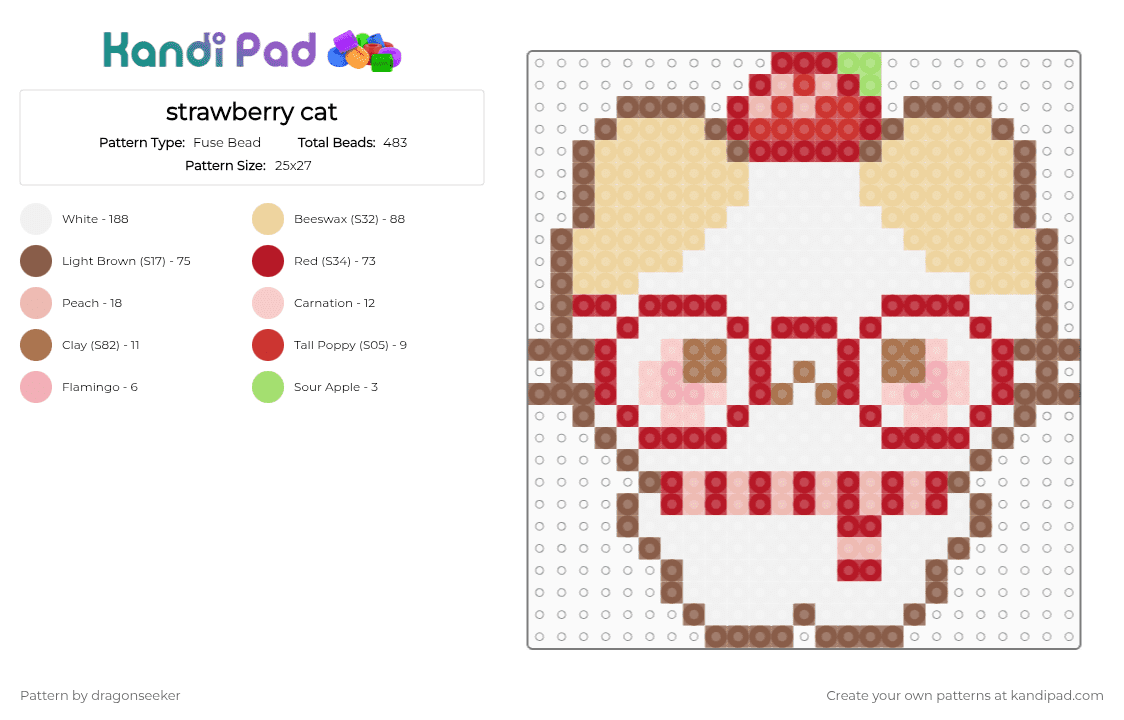 strawberry cat - Fuse Bead Pattern by dragonseeker on Kandi Pad - tan,red,beige