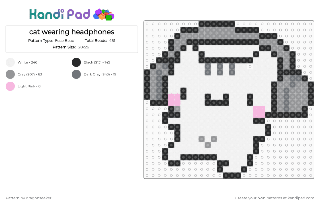 cat wearing headphones - Fuse Bead Pattern by dragonseeker on Kandi Pad - white,gray