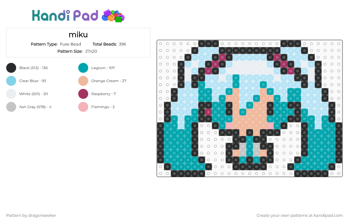 miku - Fuse Bead Pattern by dragonseeker on Kandi Pad - light blue,teal