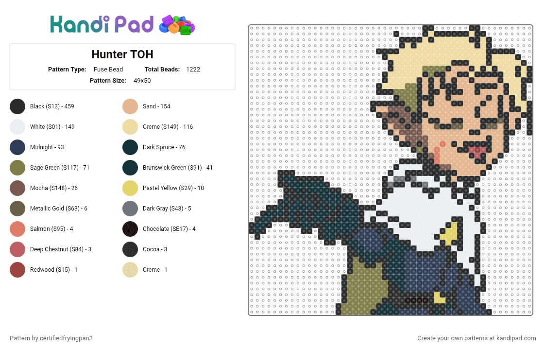 Hunter TOH - Fuse Bead Pattern by certifiedfryingpan3 on Kandi Pad - beige, black, gold, purple