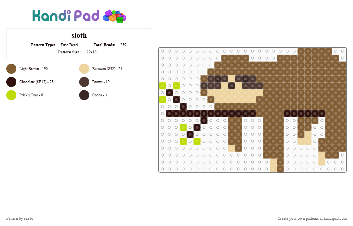 sloth - Fuse Bead Pattern by sez16 on Kandi Pad - tan,sloth,animal,perler