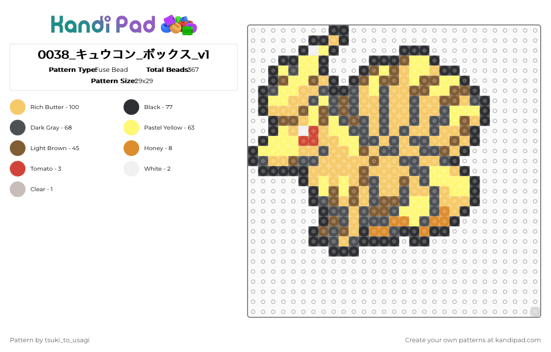 0038_キュウコン_ボックス_v1 - Fuse Bead Pattern by tsuki_to_usagi on Kandi Pad - yellow,tan,gray,pokemon