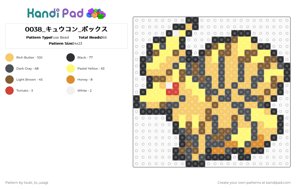 0038_キュウコン_ボックス - Fuse Bead Pattern by tsuki_to_usagi on Kandi Pad - yellow,gray,pokemon