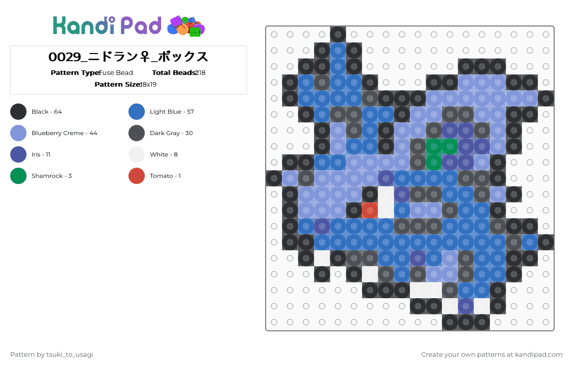 0029_ニドラン♀_ボックス - Fuse Bead Pattern by tsuki_to_usagi on Kandi Pad - blue,gray,light blue,pokemon