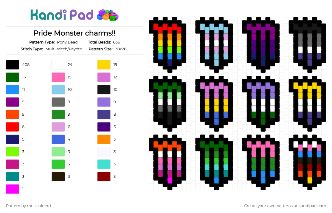 Pride Monster charms!! - Pony Bead Pattern by musicalnerd on Kandi Pad - black,yellow,light blue,purple,colorful