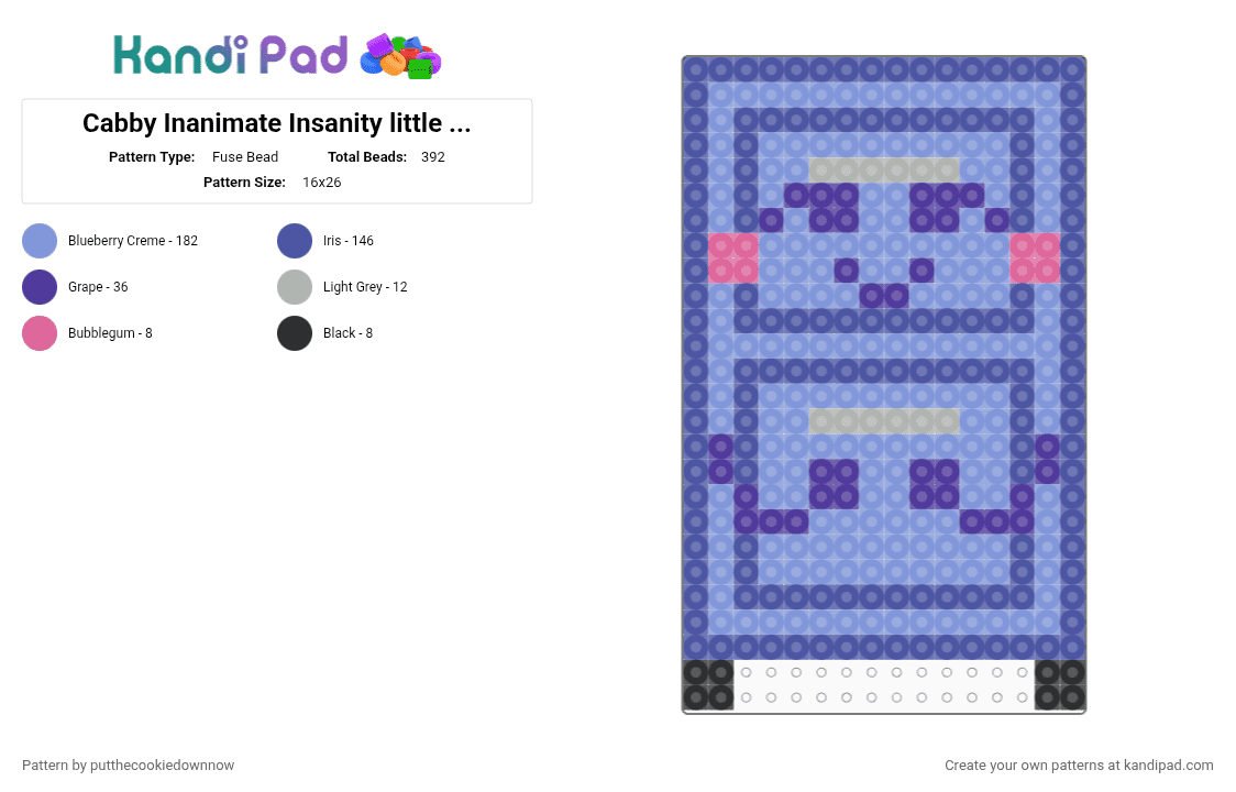 Cabby Inanimate Insanity little cutie pie - Fuse Bead Pattern by putthecookiedownnow on Kandi Pad - purple,light blue