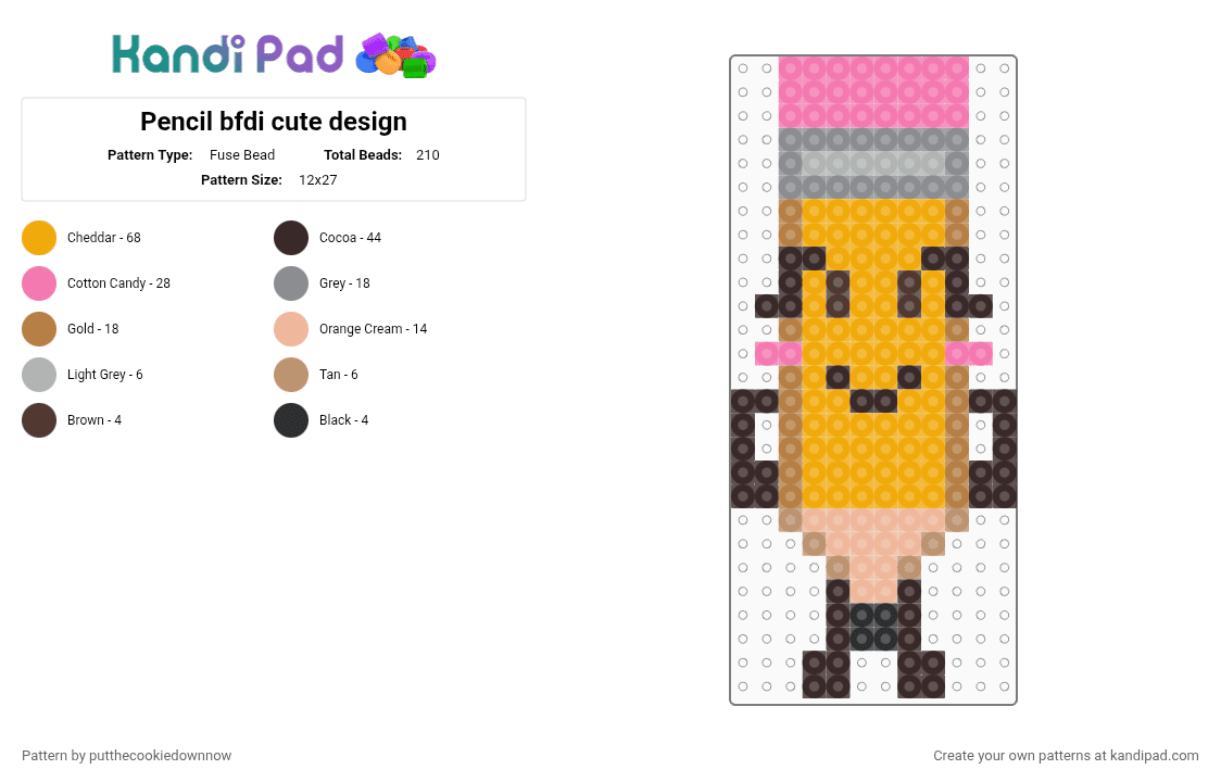 Pencil bfdi cute design - Fuse Bead Pattern by putthecookiedownnow on Kandi Pad - orange,brown