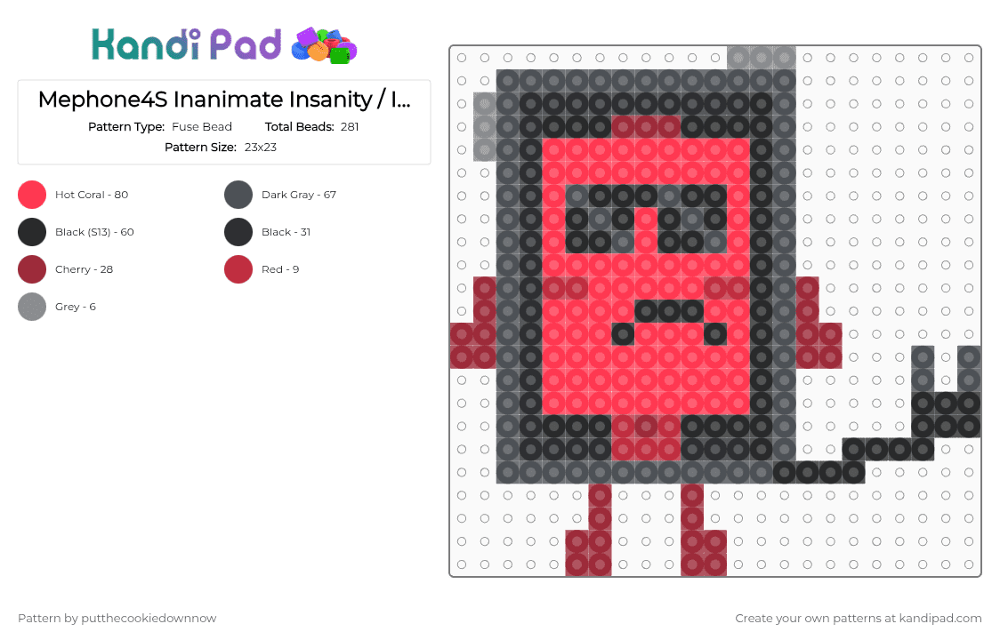 Mephone4S Inanimate Insanity silly pattern - Fuse Bead Pattern by putthecookiedownnow on Kandi Pad - gray,red,black,phone,inanimate insanity,osc