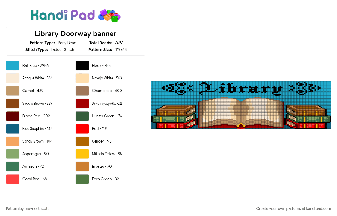 Library Doorway banner - Pony Bead Pattern by maynorthcott on Kandi Pad - banner, beaded curtain, beige, books, large, library, light blue, reading, red, tan