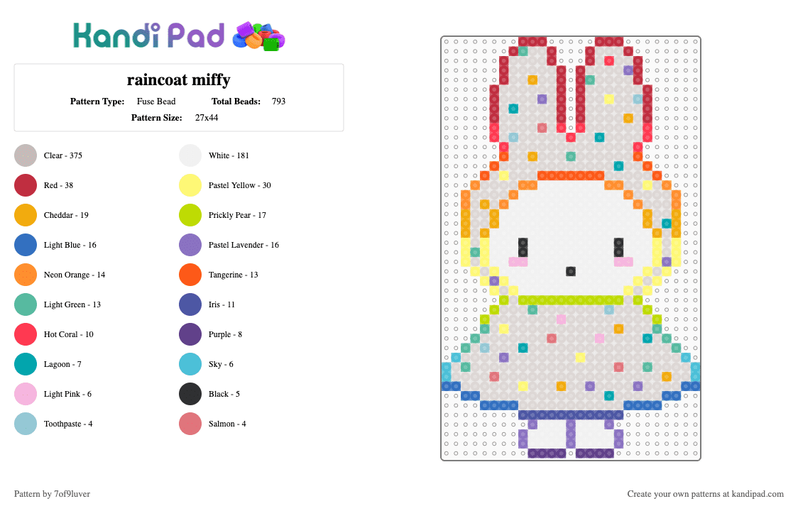 raincoat miffy - Fuse Bead Pattern by 7of9luver on Kandi Pad - red,beige,miffy,nijntje,rabbit,bunny,rainbow