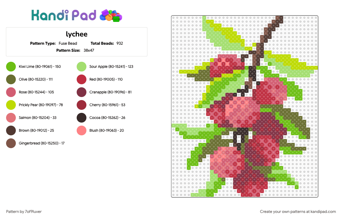 lychee - Fuse Bead Pattern by 7of9luver on Kandi Pad - fruit, green, lychee, pink, red