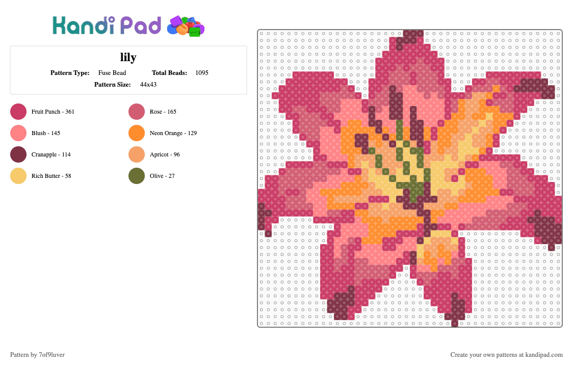 lily - Fuse Bead Pattern by 7of9luver on Kandi Pad - pink,red,orange,flower,lily,floral