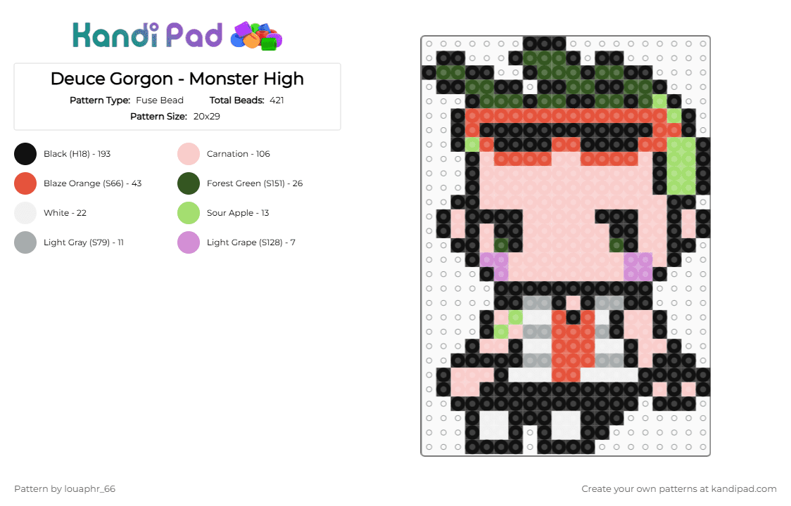 Deuce Gorgon - Monster High - Fuse Bead Pattern by louaphr_66 on Kandi Pad - black,red,beige,perler,monster high,deuce gorgon,deuce,gorgon