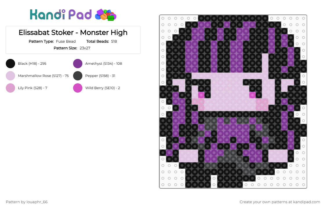 Elissabat Stoker - Monster High - Fuse Bead Pattern by louaphr_66 on Kandi Pad - black,pink,perler,monster high,elissabat stoker,elissabat,vampire