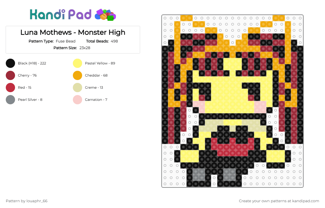 Luna Mothews - Monster High - Fuse Bead Pattern by louaphr_66 on Kandi Pad - red,orange,yellow,monster high,perler,luna mothews,luna,moth monster,mothman