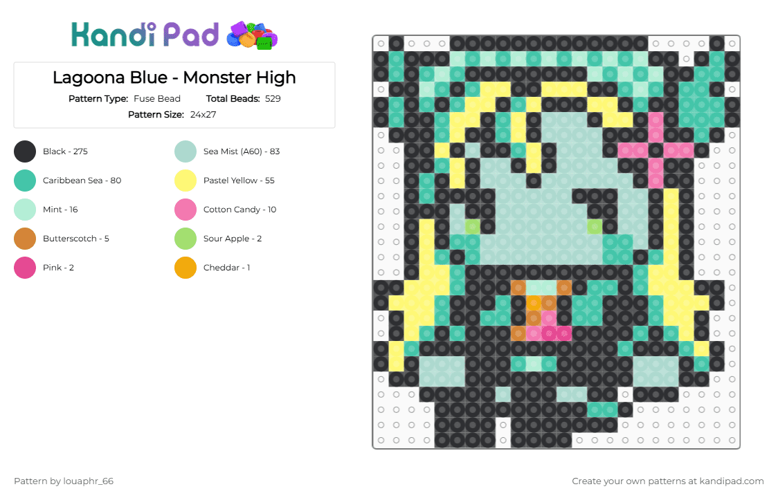 Lagoona Blue - Monster High - Fuse Bead Pattern by louaphr_66 on Kandi Pad - black,teal,light blue,yellow,monster high,lagoona blue,lagoona,sea monster,water nymph