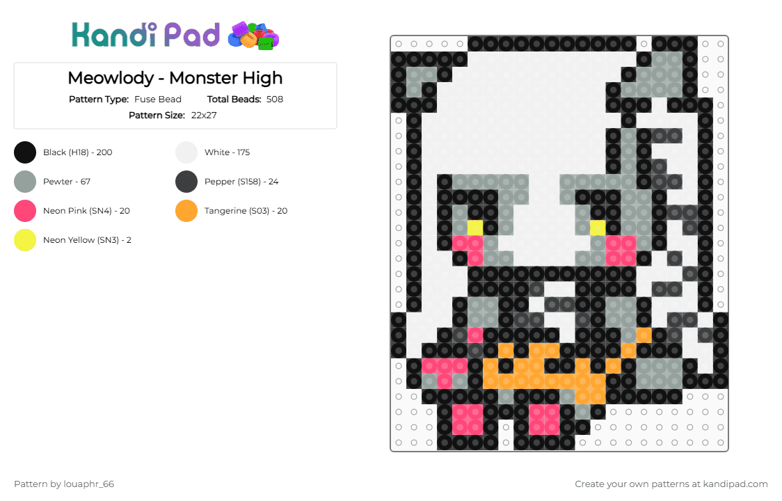 Meowlody - Monster High - Fuse Bead Pattern by louaphr_66 on Kandi Pad - white,gray,perler,monster high,meowlody,werecat,twin